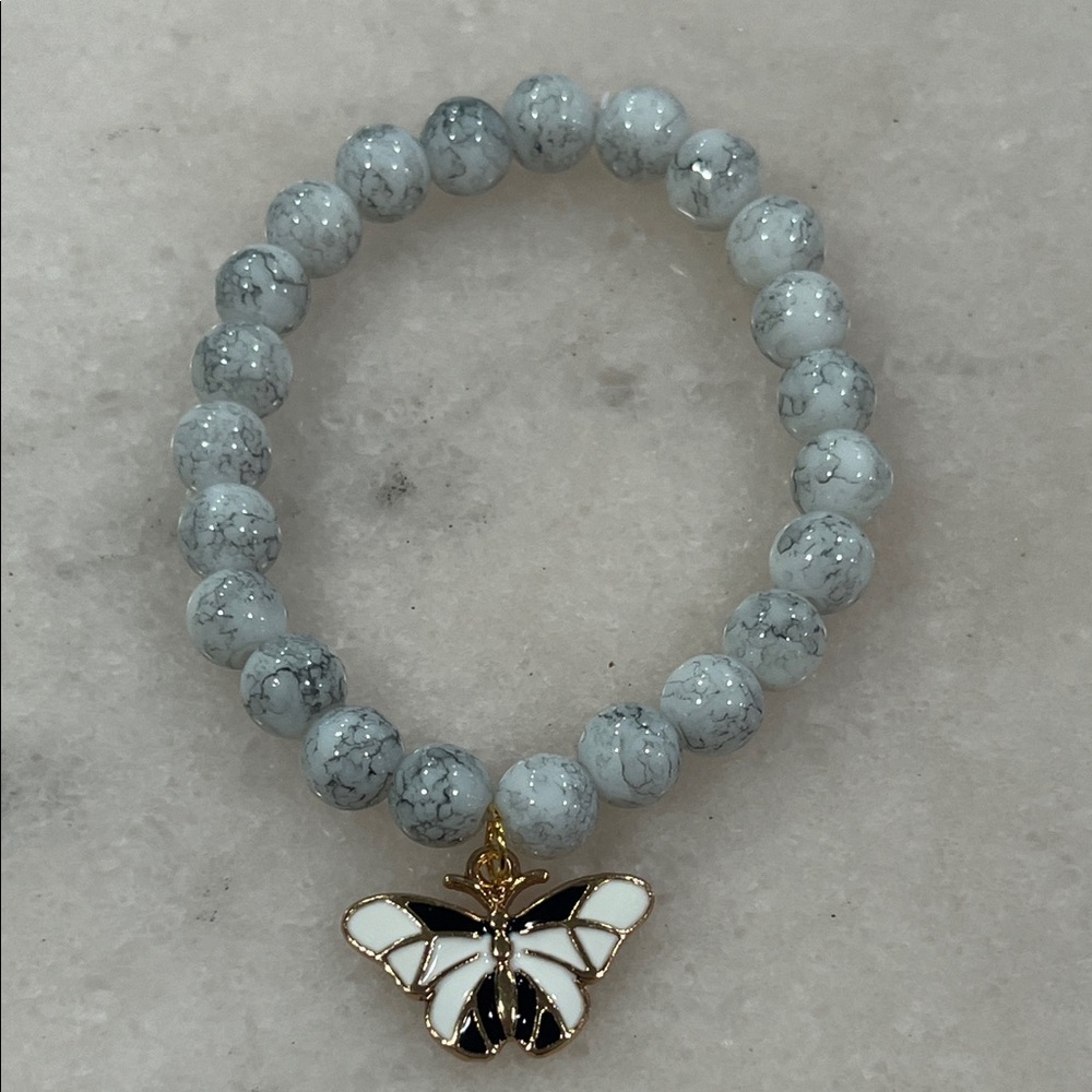 Handmade Gray Beaded Bracelet with Butterfly Charm